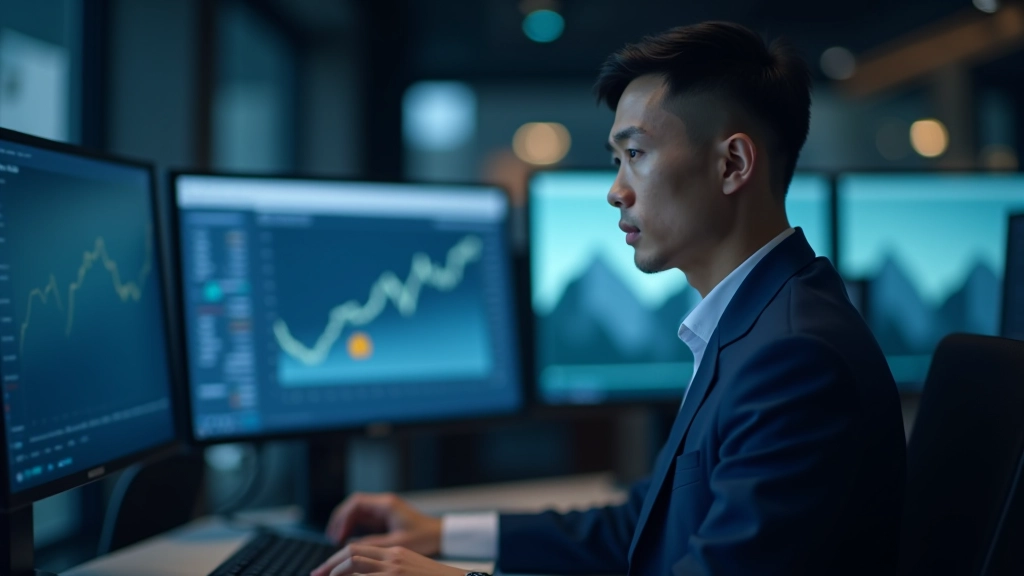 Financial analyst studying economic data on multiple monitors showing market trends and growth charts