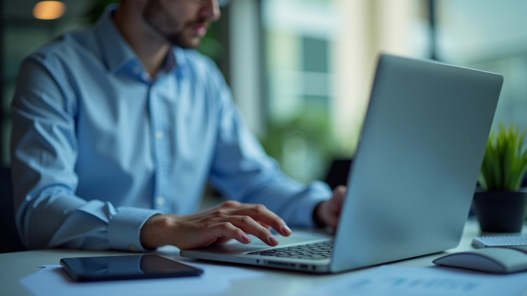 Business analyst reviewing quarterly financial reports on computer monitor in modern office setting