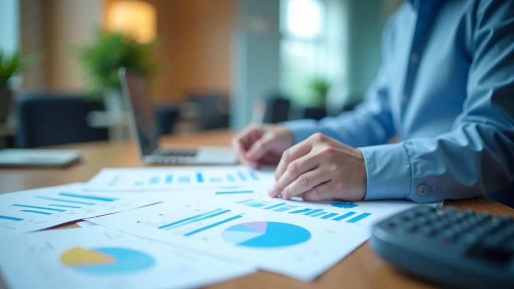 Colorful bar chart and pie charts displaying quarterly economic statistics and sector performance metrics