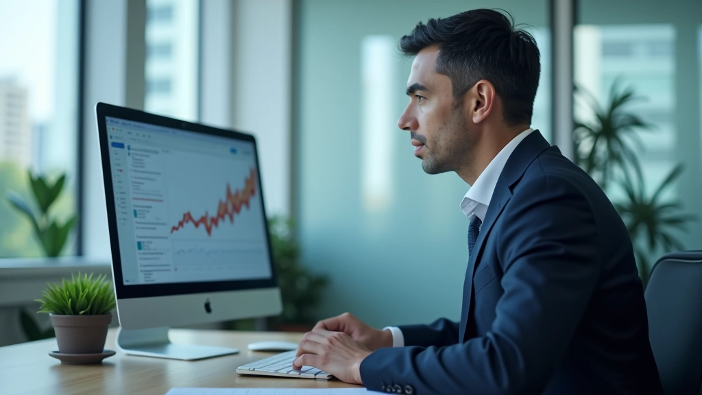 Business professional reviewing economic charts and financial data on computer, analyzing declining graphs and economic indicators