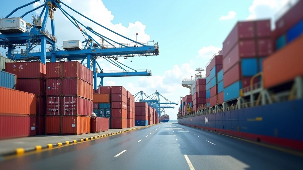 Busy international shipping port with stacked containers and cargo vehicles, representing regional trade and global commerce impact