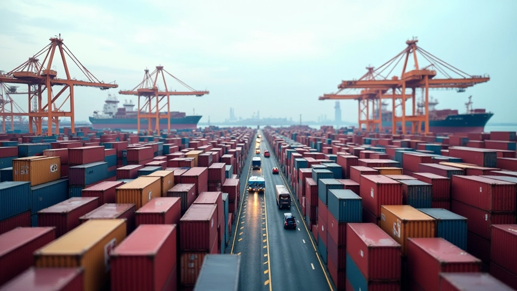 Busy international shipping port with stacked shipping containers and cargo handling equipment during daytime