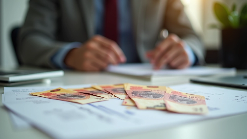 Malaysian ringgit banknotes arranged on wooden table with financial charts and calculator nearby