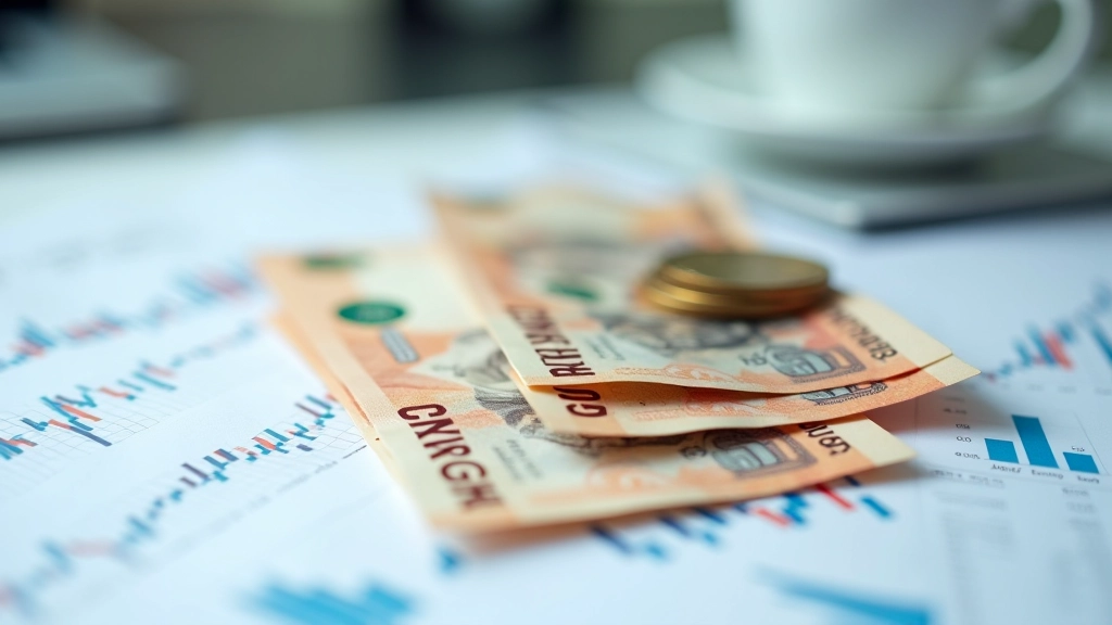 Malaysian ringgit notes and coins arranged on financial charts and graphs showing economic data