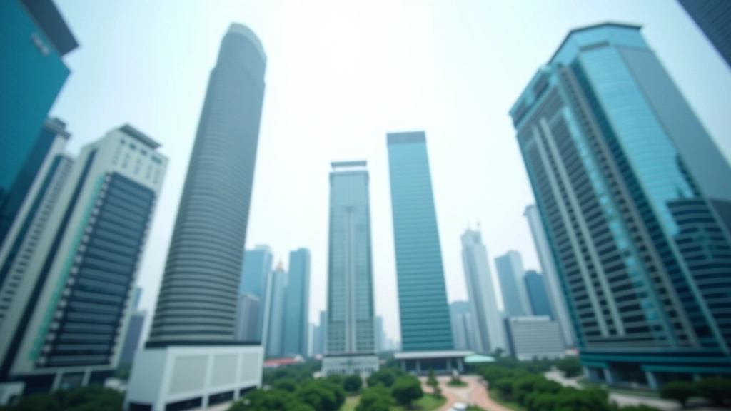 Modern Malaysian business district with financial buildings and trading screens visible through office windows