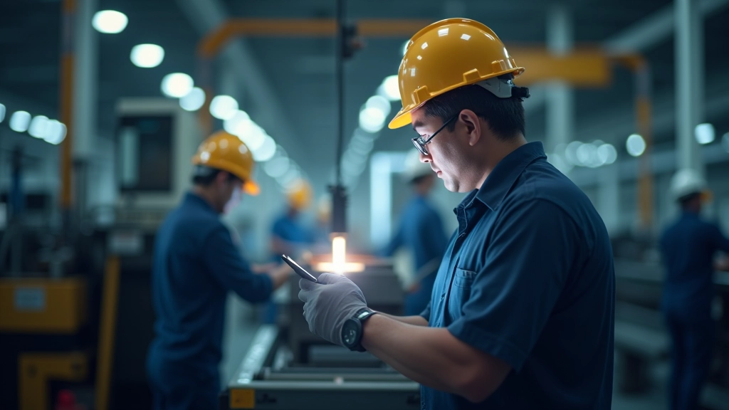 Modern manufacturing facility or industrial plant with machinery, workers in hard hats, showing business investment and industrial production activity