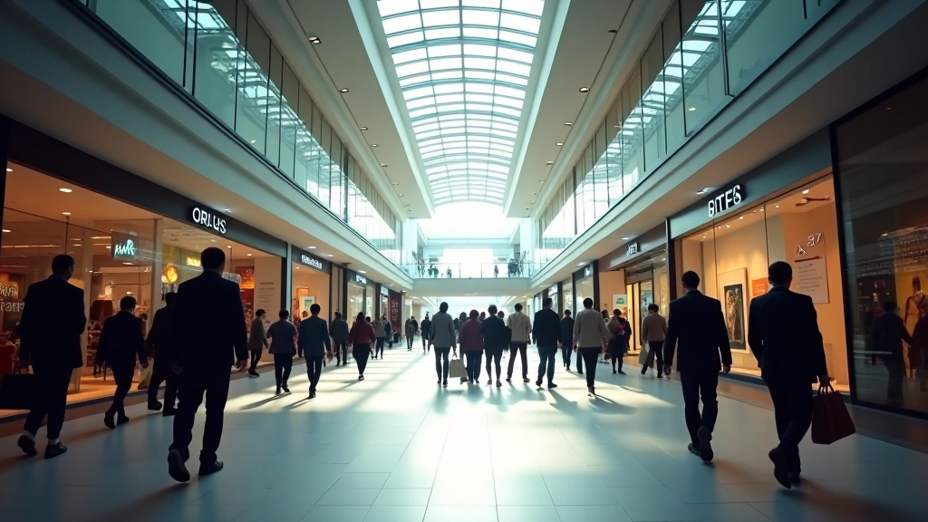 Busy shopping mall interior with customers browsing stores and shops during daytime with natural lighting