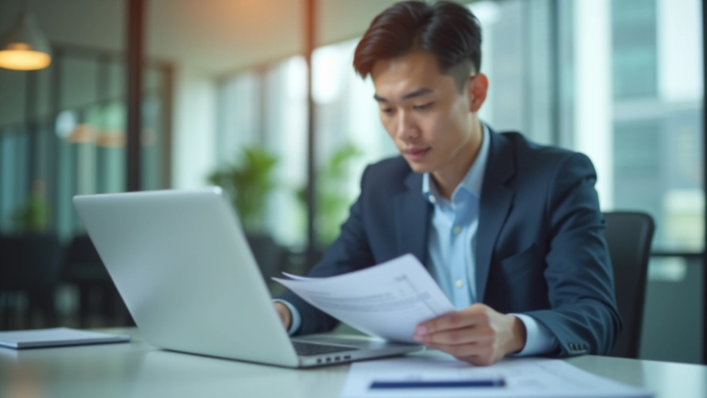 Person reviewing financial statements and investment portfolio on laptop in modern office setting